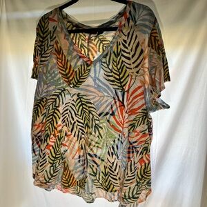 Tahari 100% Cotton Colorful Leafy Design V-Neck T-Shirt Size 3X Women's
